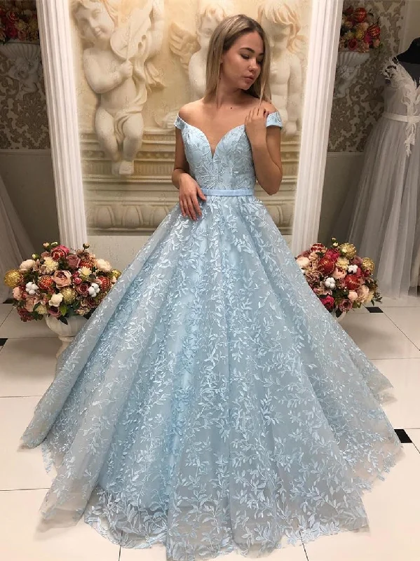 Limited Stock, Big Sale Gorgeous Off Shoulder Sky Blue Lace Long Prom Dresses, Sky Blue Lace Formal Evening Dresses, Blue Ball Gown