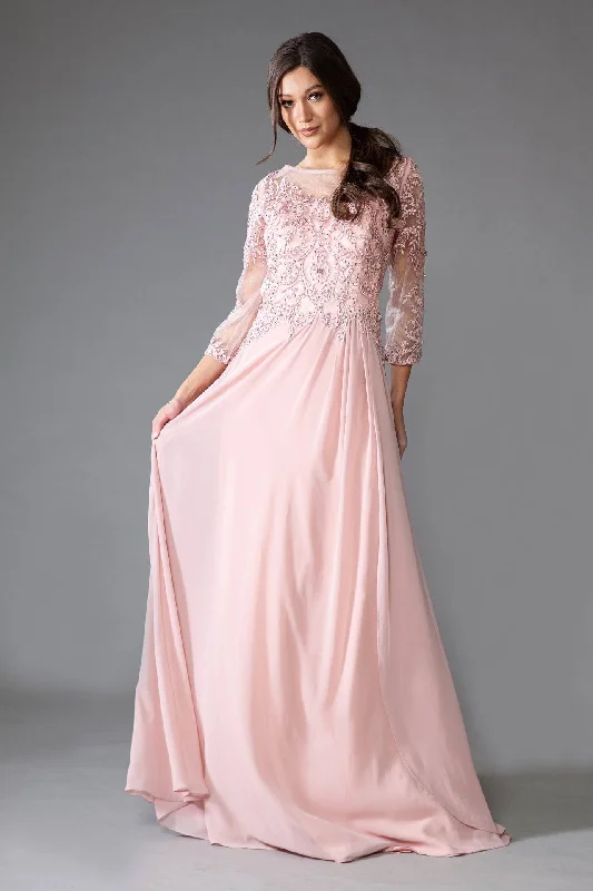 Women's Clothing Brands Sheer Sleeves Embroidered Lace Bodice Long Mother Of The Bride Dress AC7043 Women's Clothing Brands Sheer Sleeves Embroidered Lace Bodice Long Mother Of The Bride Dress AC7043