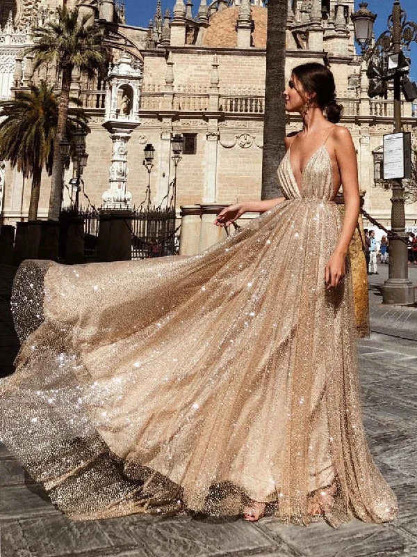 Signature Style Essentials A Line V Neck Backless Champagne Long Sparkling Prom Dresses, Champagne Prom Gown, Formal Dresses