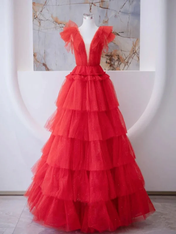 Fashionista Favorites V Neck Red Tulle Layered Long Prom Dresses, Long Red Formal Graduation Evening Dresses, Red Ball Gown SP2785