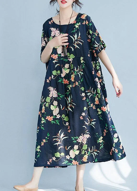 Relaxed Style Elegant navy print cotton pattern o neck baggy Maxi Dress