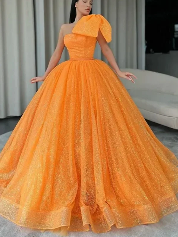 Season Transition Versatile Wear Clearance Shiny Tulle One Shoulder Orange Long Prom Dresses, Orange Tulle Formal Evening Dresses, Ball Gown SP2623