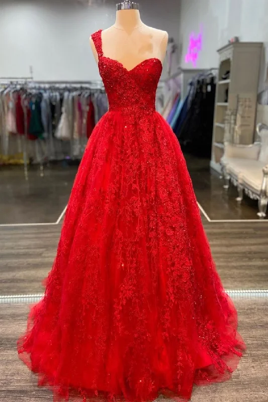 Holiday Sale One Shoulder Red A-line Appliques Tulle Formal Gown