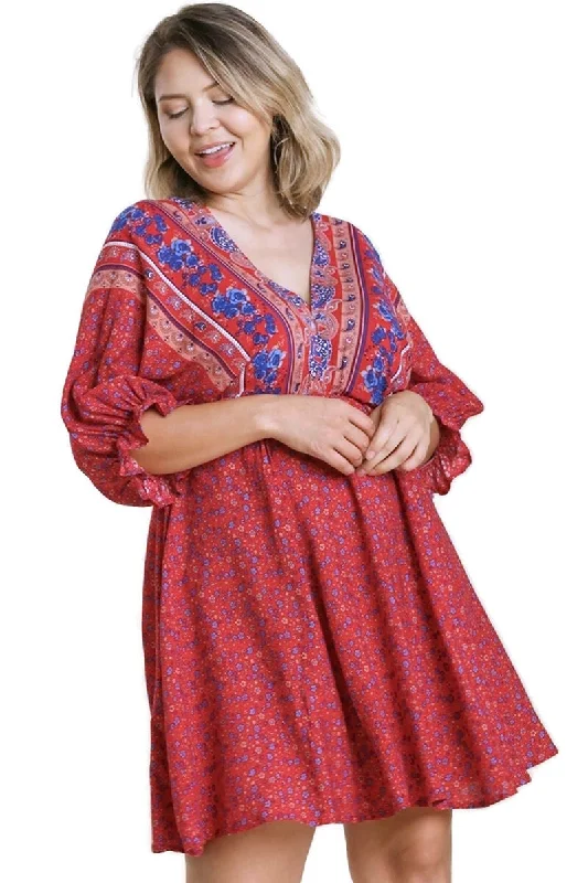 Limited-Time Weekend Offers Mixed Print Bohemian Dress, Red