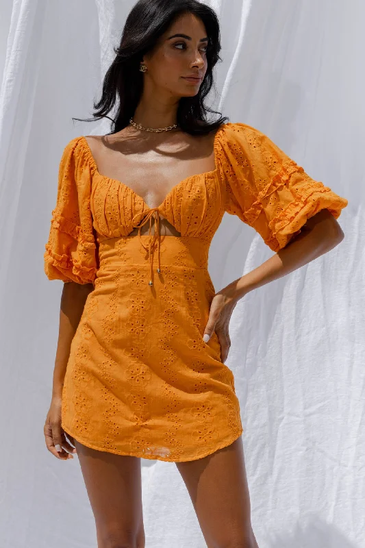 Limited Stock, Big Discounts Sweet Romance Puff Sleeve Eyelet Mini Dress Sunset