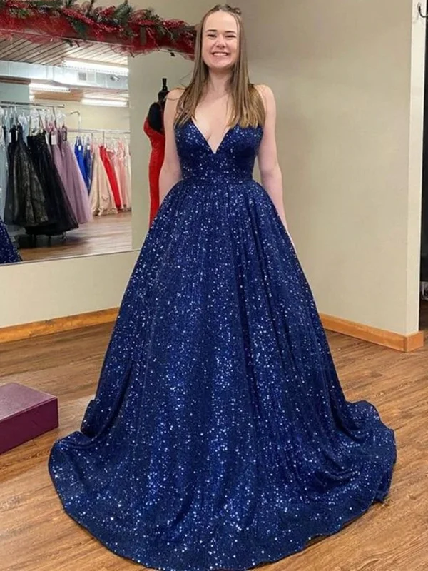 Daily Deals Shiny V Neck Navy Blue Long Prom Dresses, Sparkly Navy Blue Formal Evening Dresses, Ball Gown SP2333