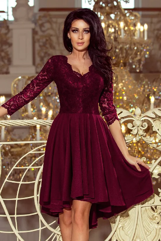 Women's Party Clothes Numoco 210-13 NICOLLE - dress with longer back with lace neckline - plum Women's Party Clothes Numoco 210-13 NICOLLE - dress with longer back with lace neckline - plum
