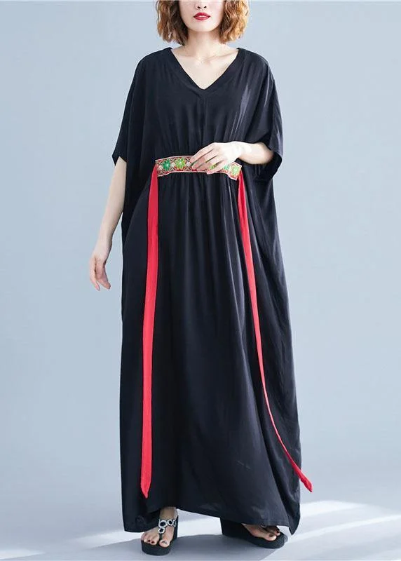 Chic Casual Style DIY tie waist cotton tunic dressNeckline black v neck Maxi Dresses summer