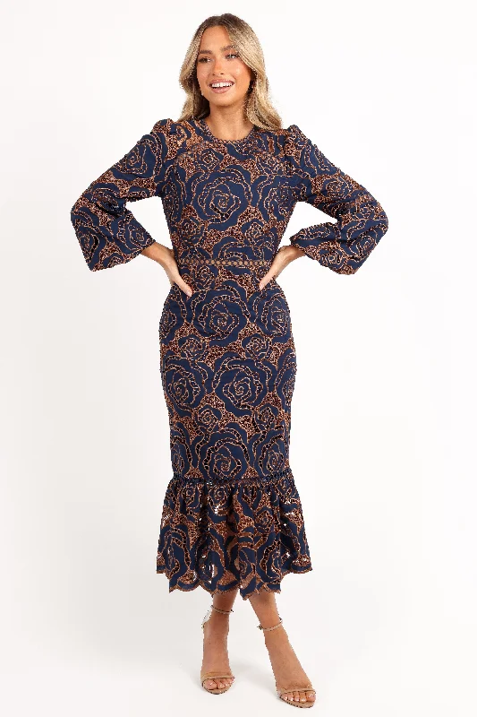 Trend Alert Pierre Long Sleeve Lace Maxi Dress - Navy