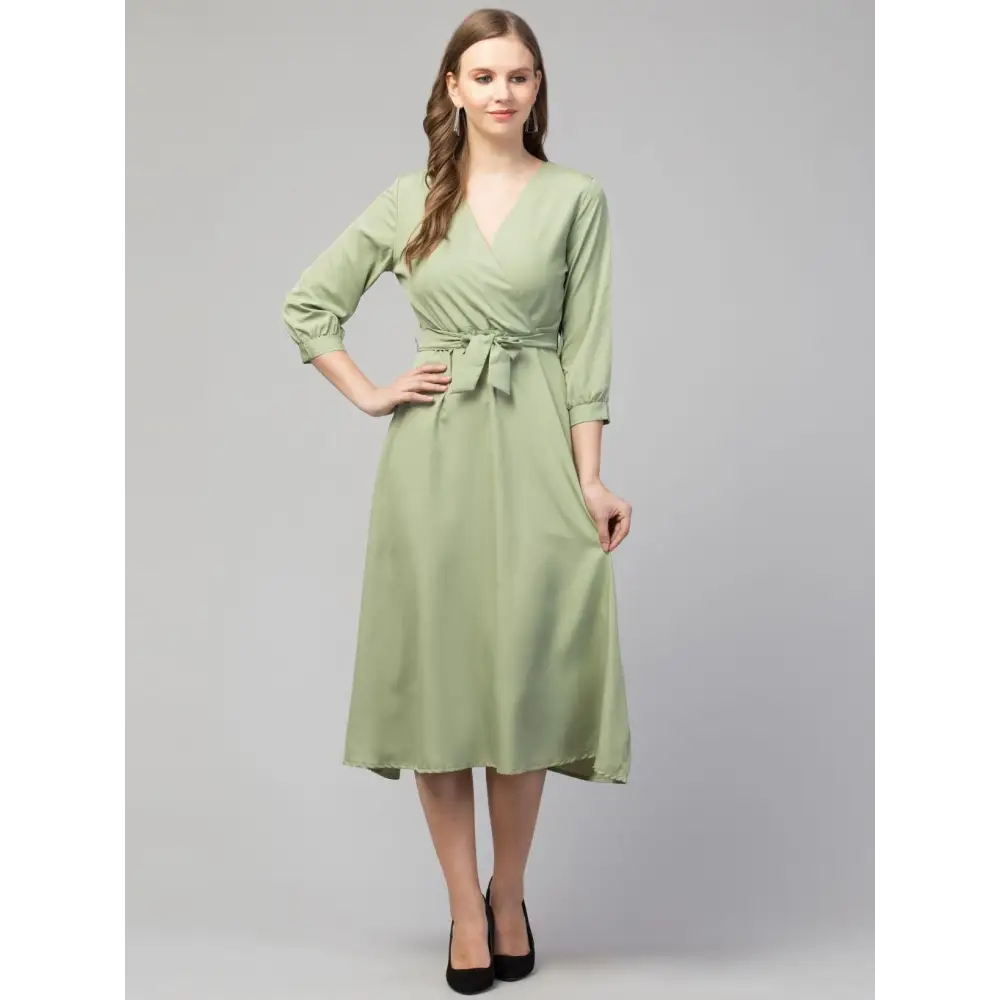 Best Deals Of The Season Women's Poly Crepe Solid Wrap Tie Up Waist Midi Dress