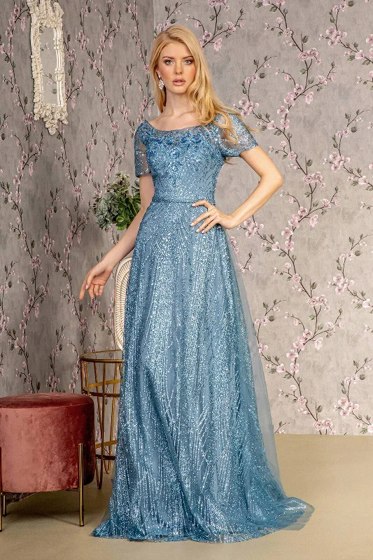Holiday Glam Metallic Bead Mesh A-line Waist Band Long Drape Long Mother Of The Bride Dress GLGL3493