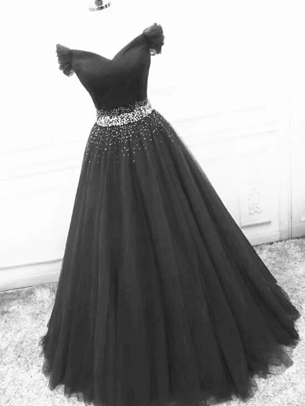 Budget Friendly Off Shoulder Black Tulle Long Prom Dresses with Sequins, Off the Shoulder Black Formal Evening Dresses, Black Ball Gown SP2279