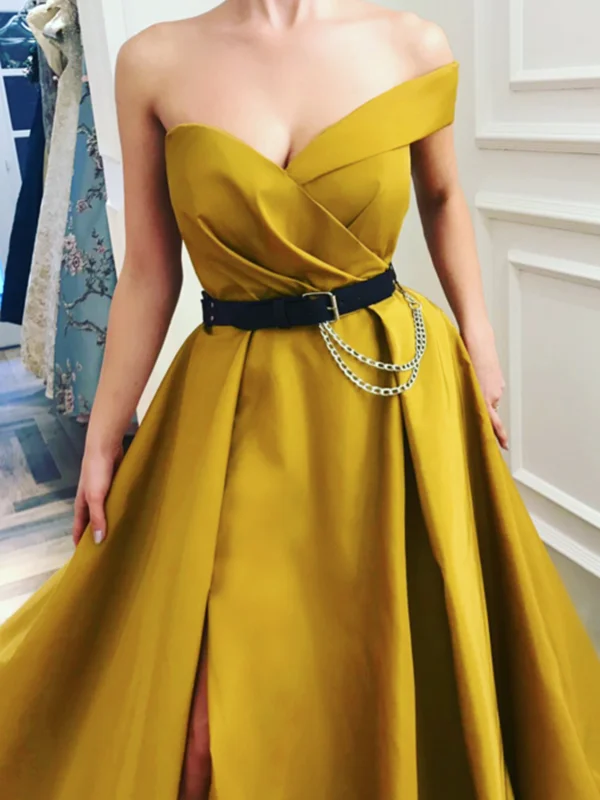 Trendy Clothing Sale One Shoulder Canary Yellow Ball Gown with Leg Slit, Canary Yellow Long Prom Dresses with Black Belt, Formal Dresses