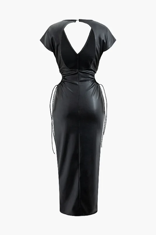 Weekend Special V-neck Faux Leather Cut Out Drawstring Midi Dress