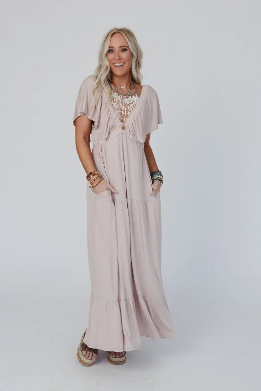 Unbeatable Deals On Repeat Open Back Ruffle Maxi Dress - Sand