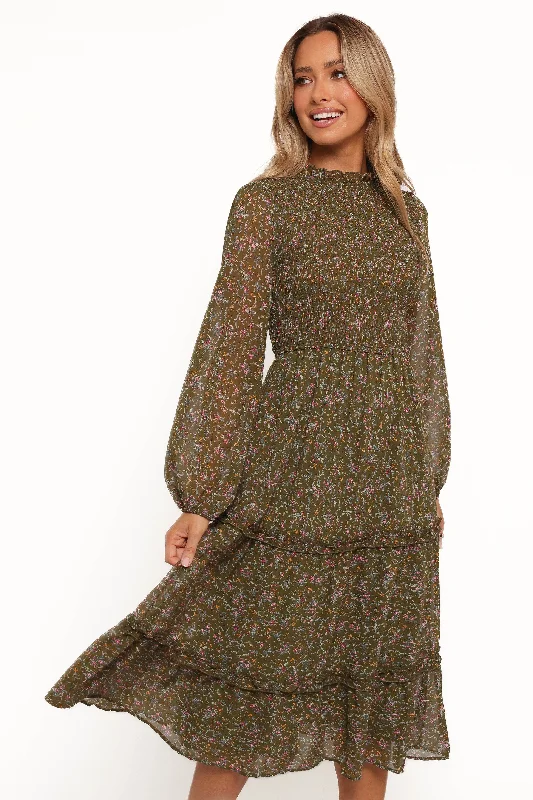 Popular Collection Edwina Shirred Frill Long Sleeve Midi Dress - Olive Floral