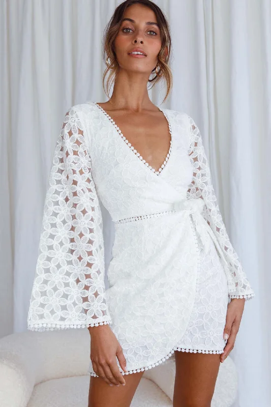 Big Discounts Santa Cruz Bell Sleeve Embroidered Wrap Mini Dress White