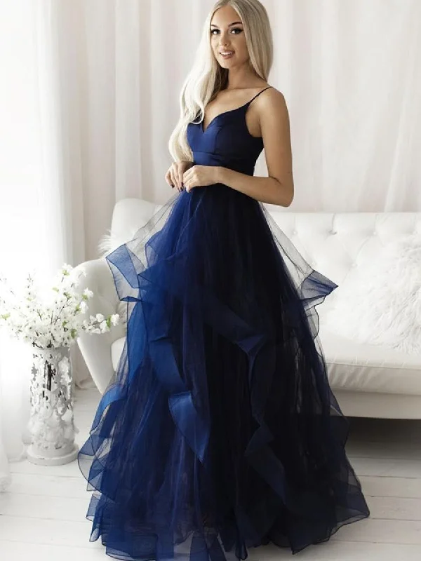 Special Offers, Don't Miss Fluffy V Neck Blue Tulle Long Prom Dresses, Blue Formal Evening Dresses, Ball Gown