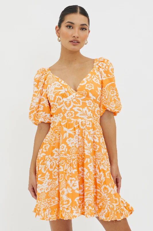 Luxe Women's Fashion Madrid Summer Tied Back Mini Dress Print Orange