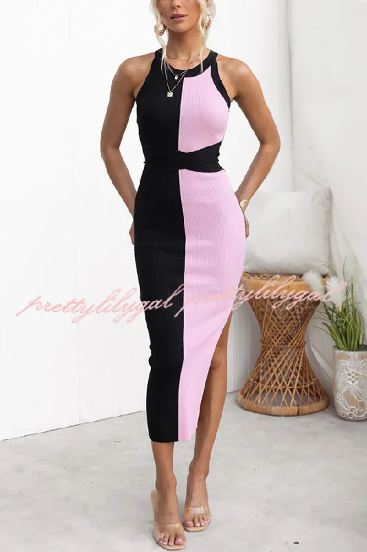 Fashion Essentials Serene Ribbed Knit Colorblock Back Tie-up Slit Stretch Midi Dress