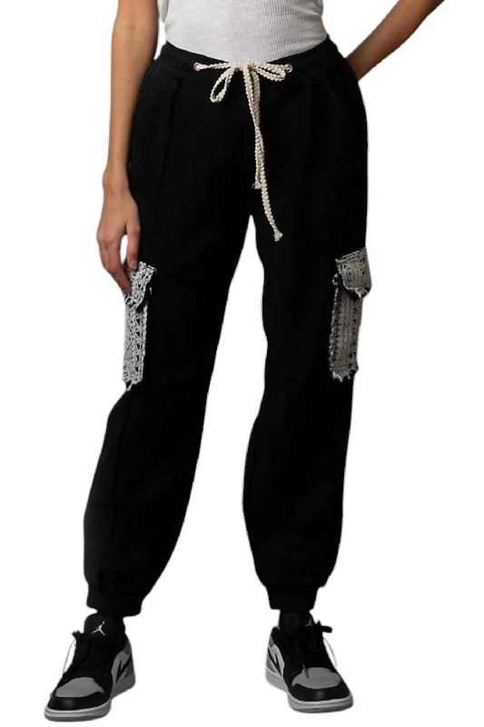 Boho - Chic Festival - Ready Style Jogger Denim Pants With Crochet Lace Pocket In Black