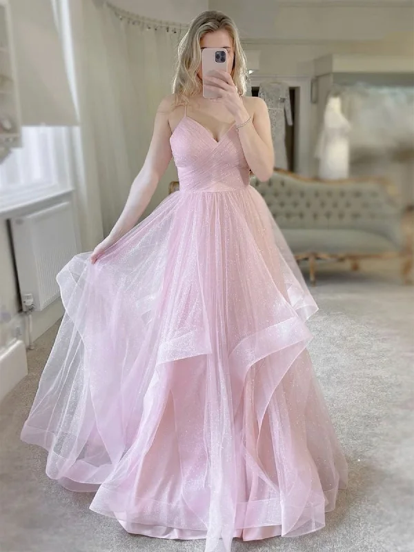 From Casual To Classy Shiny V Neck Fluffy Pink Long Prom Dresses, V Neck Pink Formal Evening Dresses, Pink Ball Gown SP2161