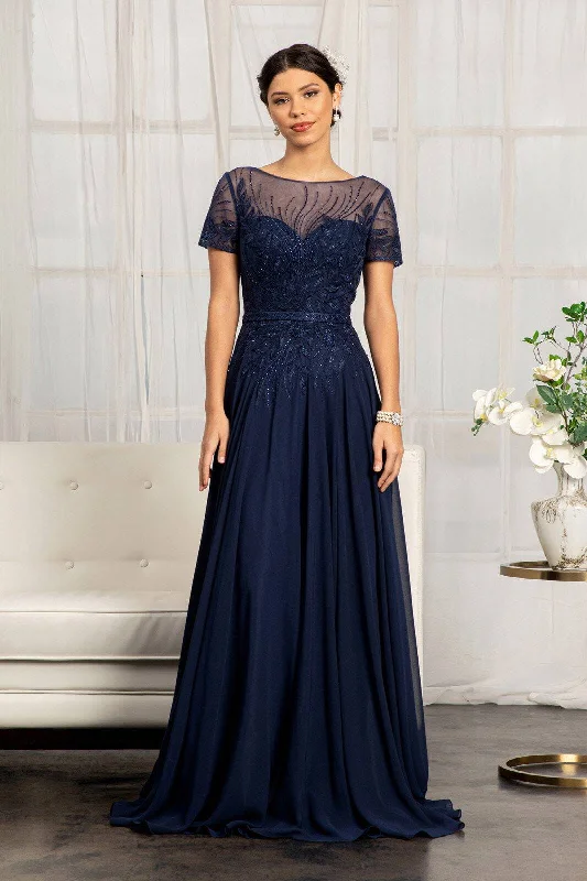 Unique Women's Fashion Pieces Embroidered Chiffon A-line Short Sleeves and Waistband Long Mother Of The Bride Dress GLGL3067