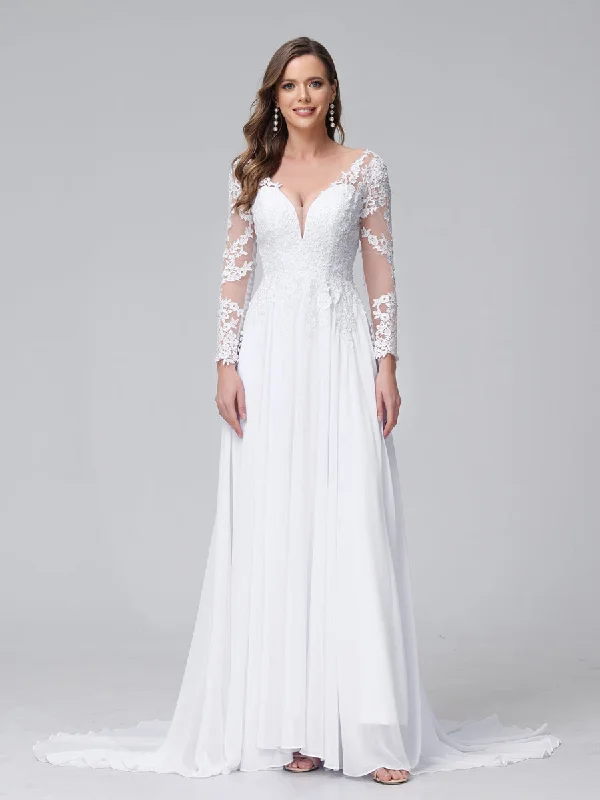 Stylish Statements A-Line V-Neck Long Sleeves Long Chiffon Wedding Dresses with Lace Applique