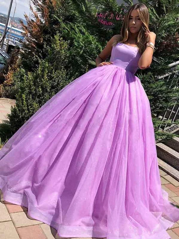 Trendy Street Style Attire Purple Spaghetti Straps Backless Tulle Princess Long Ball Gown Prom Dresses, Lilac Purple Formal Graduation Dresses, Evening Dresses