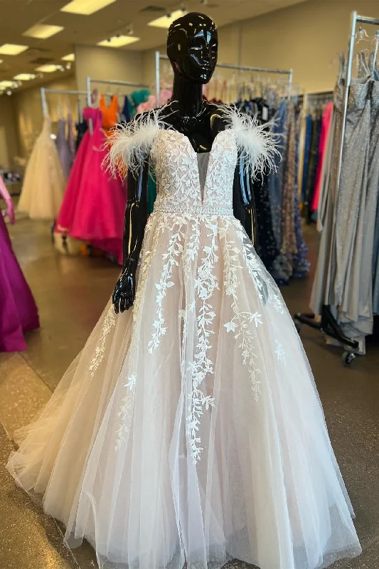 Limited Stock Ivory Appliques Feather Off-the-Shoulder A-Line Prom Gown