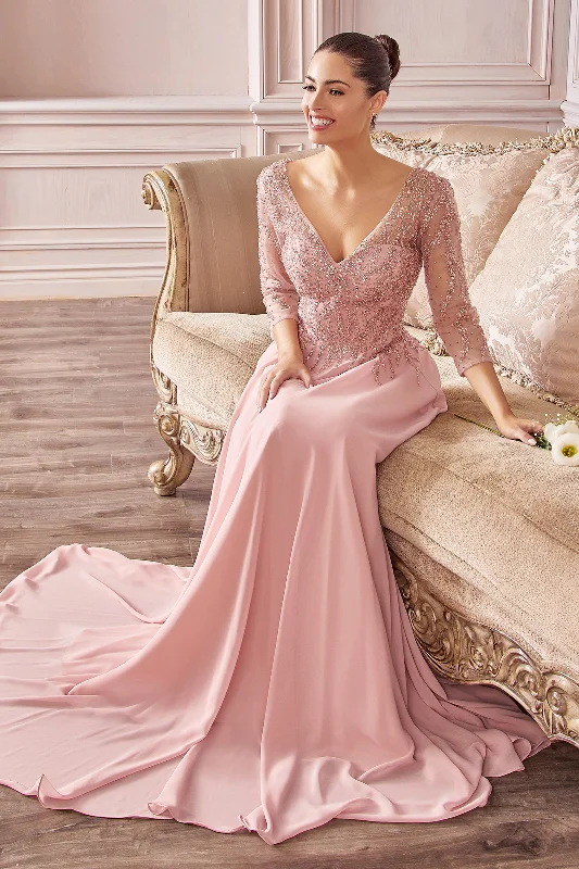 Don't Miss Out Flowy Chiffon 3/4 Sleeves Beaded Gown by Cinderella Divine - CD0171 - Special Occasion/Curves