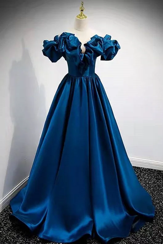 Premium Fabrics A-Line Dark Blue Off-the-Shoulder Stain Prom Gown