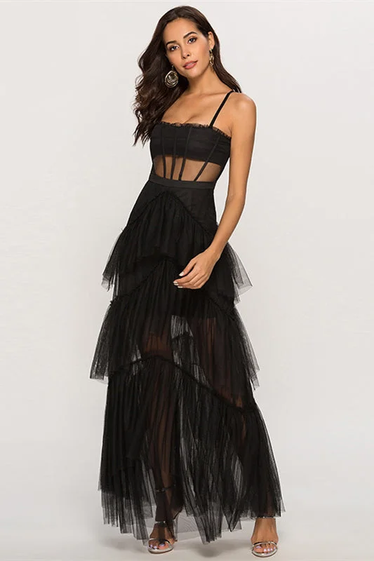 Effortless Comfort Straps Black Tulle Ruffled Long Maxi Dress