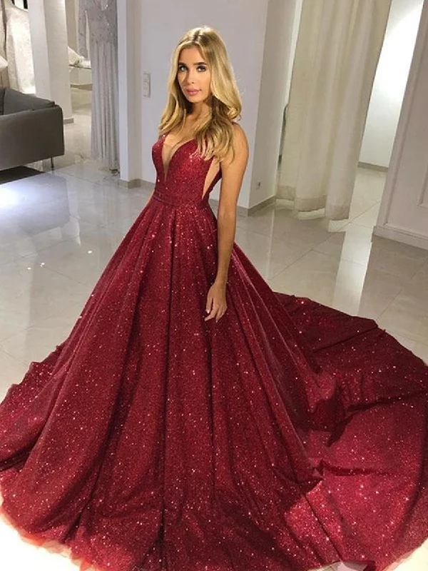 Explore What's New Shiny V Neck Burgundy Sequins Long Prom Dresses, Burgundy Formal Evening Dresses, Sparkly Ball Gown