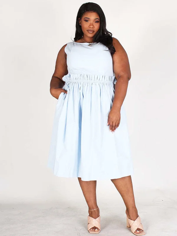 Trending Items PLUS SIZE SLEEVELESS BACK BUTTON UP POCKETS FIT & FLARE MIDI DRESS