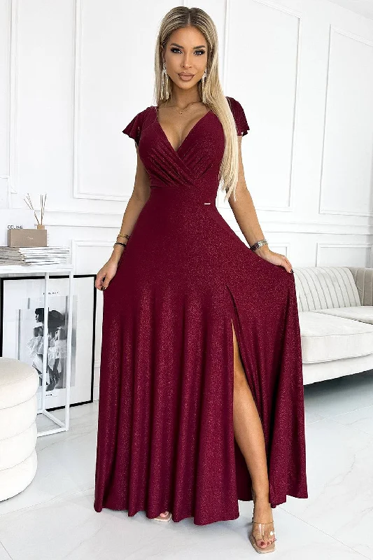 Modern Women's Apparel Numoco 411-8 CRYSTAL long shimmering dress with a neckline - Burgundy color Modern Women's Apparel Numoco 411-8 CRYSTAL long shimmering dress with a neckline - Burgundy color