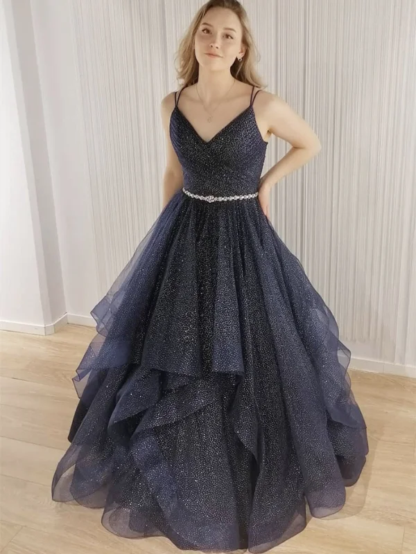 Flash Sale Now Shiny V Neck Backless Dark Blue Long Prom Dresses, V Neck Dark Blue Formal Evening Dresses, Dark Blue Ball Gown SP2101