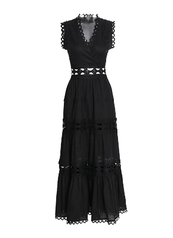 Trendy Street Style Attire 8220014 Eyelet Embroidery Sleeveless Maxi Dress *Black