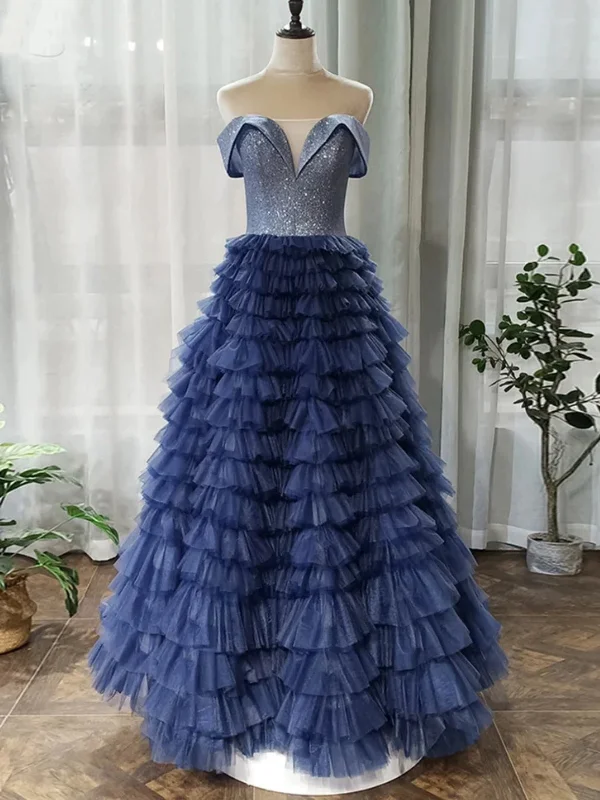 Budget Friendly Off Shoulder Sequins Top Navy Blue Long Prom Dresses, Navy Blue Formal Evening Dresses, Off the Shoulder Ball Gown SP2800