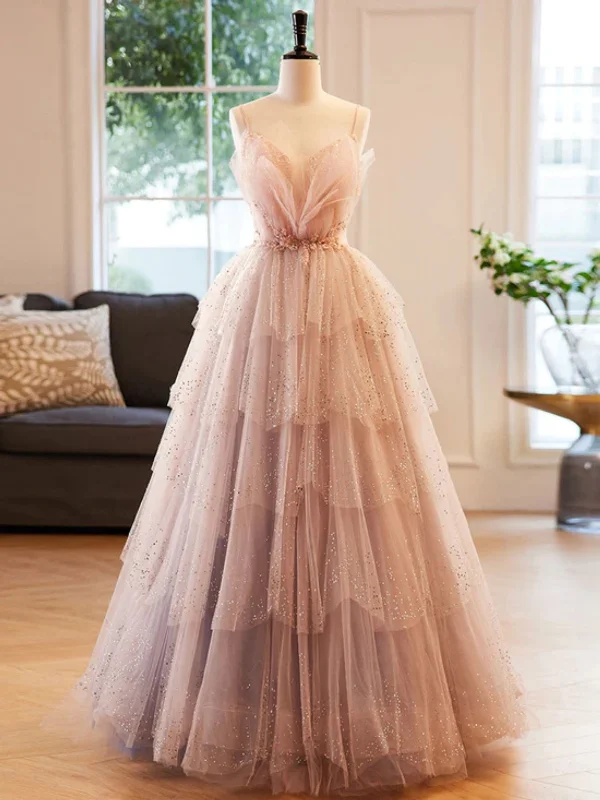 Stylish Savings Gorgeous V Neck Beaded Layered Champagne Tulle Long Prom Dresses, Champagne Formal Evening Dresses, Ball Gown SP2568