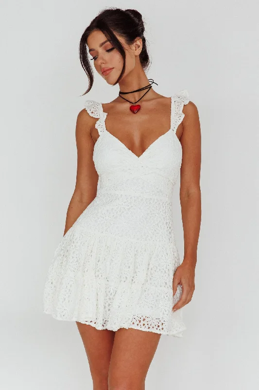 Limited Time Deal Short Notice Ruffle Strap Lace Mini Dress White