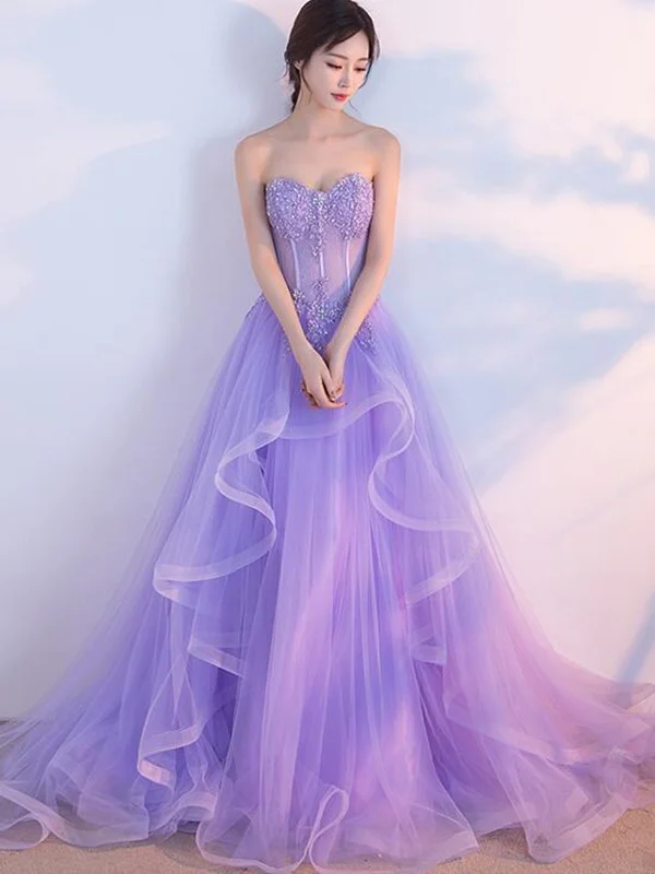 Clearance Sale, All Cheap Elegant Strapless Open Back Purple Lace Long Prom Dresses, Purple Lace Formal Evening Dresses, Purple Ball Gown SP2233