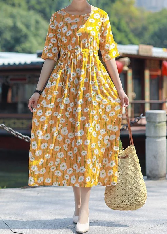 Sophisticated Style Handmade o neck drawstring cotton yellow print Maxi Dress summer