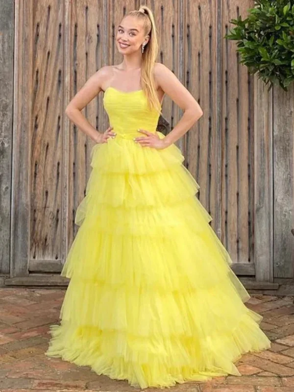 Wardrobe Upgrade Strapless Yellow Tulle Layered Long Prom Dresses, Yellow Formal Evening Dresses, Ball Gown SP2649