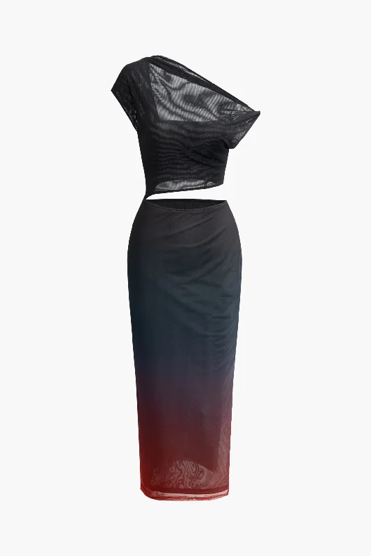 Now On Sale For Chic Urban Styles Ombre Cut Out Asymmetrical Mesh Slit Midi Dress