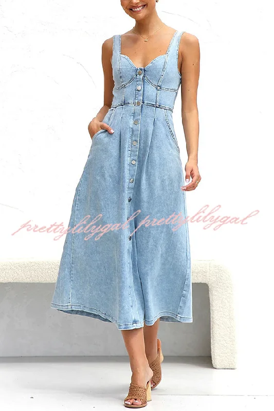 Chic And Comfortable Spring Fling Washed Denim Button Pocket Back Smocked Midi Dress