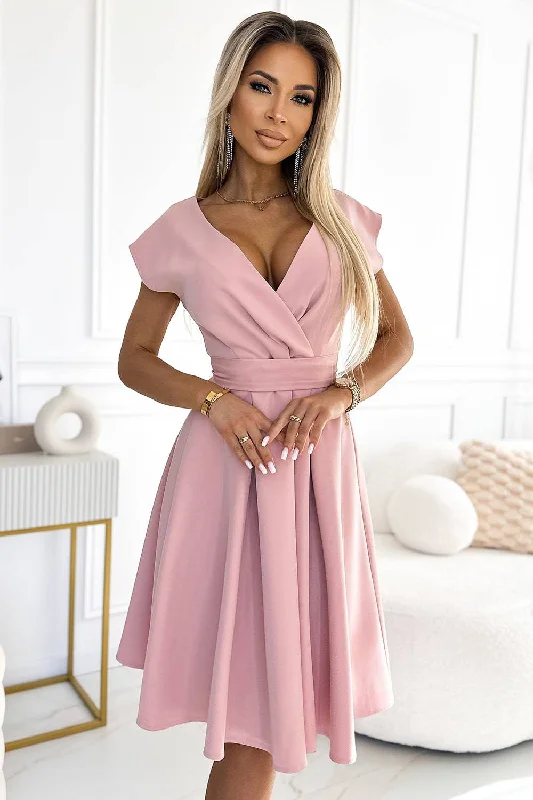 Women's Seasonal Garments Numoco 348-9 SCARLETT flared dress with a neckline - powder pink Women's Seasonal Garments Numoco 348-9 SCARLETT flared dress with a neckline - powder pink