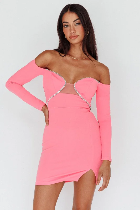 Winter Warm - Up Sale A-List Diamante Trim Long Sleeve Mini Dress Hot Pink