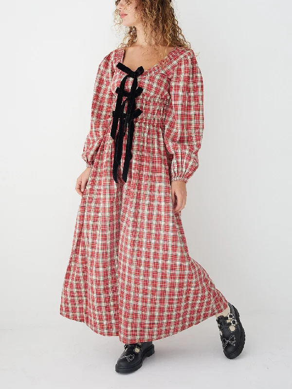 Exquisite Craftsmanship Dakota Bow Midi Dress - Red Check