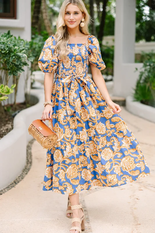 Contemporary Elegance Feeling Bold Blue Floral Maxi Dress